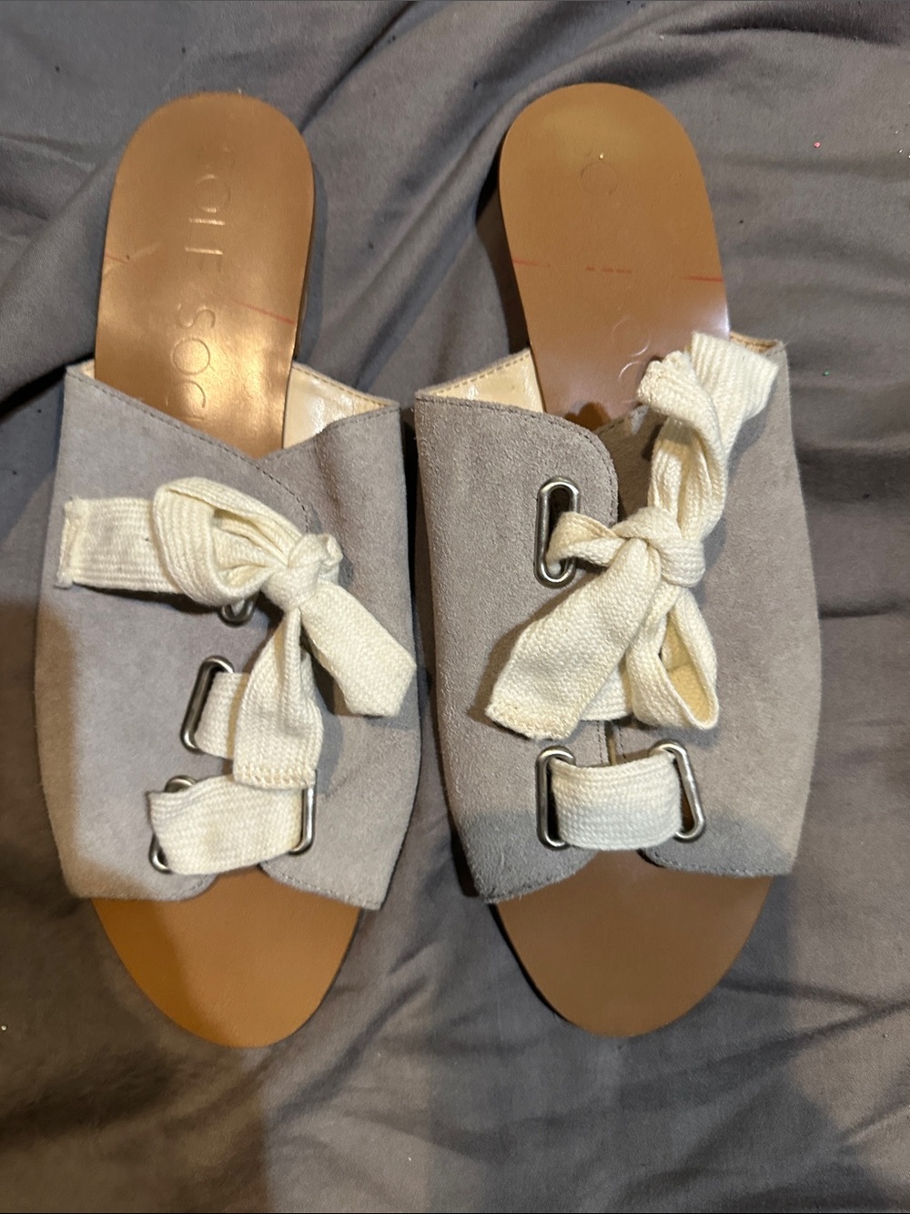 Dole society Neutral Gray Suede Slide Sandals with Cream Laces 8